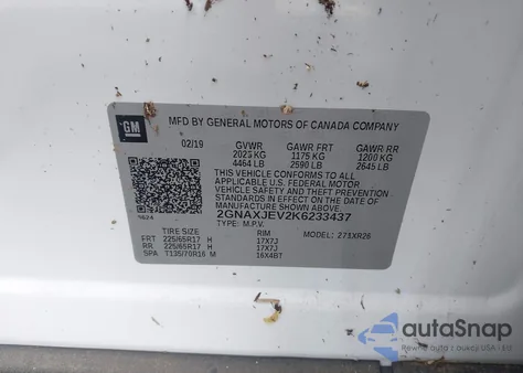 2019 Chevrolet Equinox Lt z USA, uszkodzony, nr VIN 2GNAXJEV2K6233437